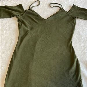 Y2K Olive Green Cold Shoulder Ribbed Knit Bodycon Micro Mini V Neck Dress SizeXL